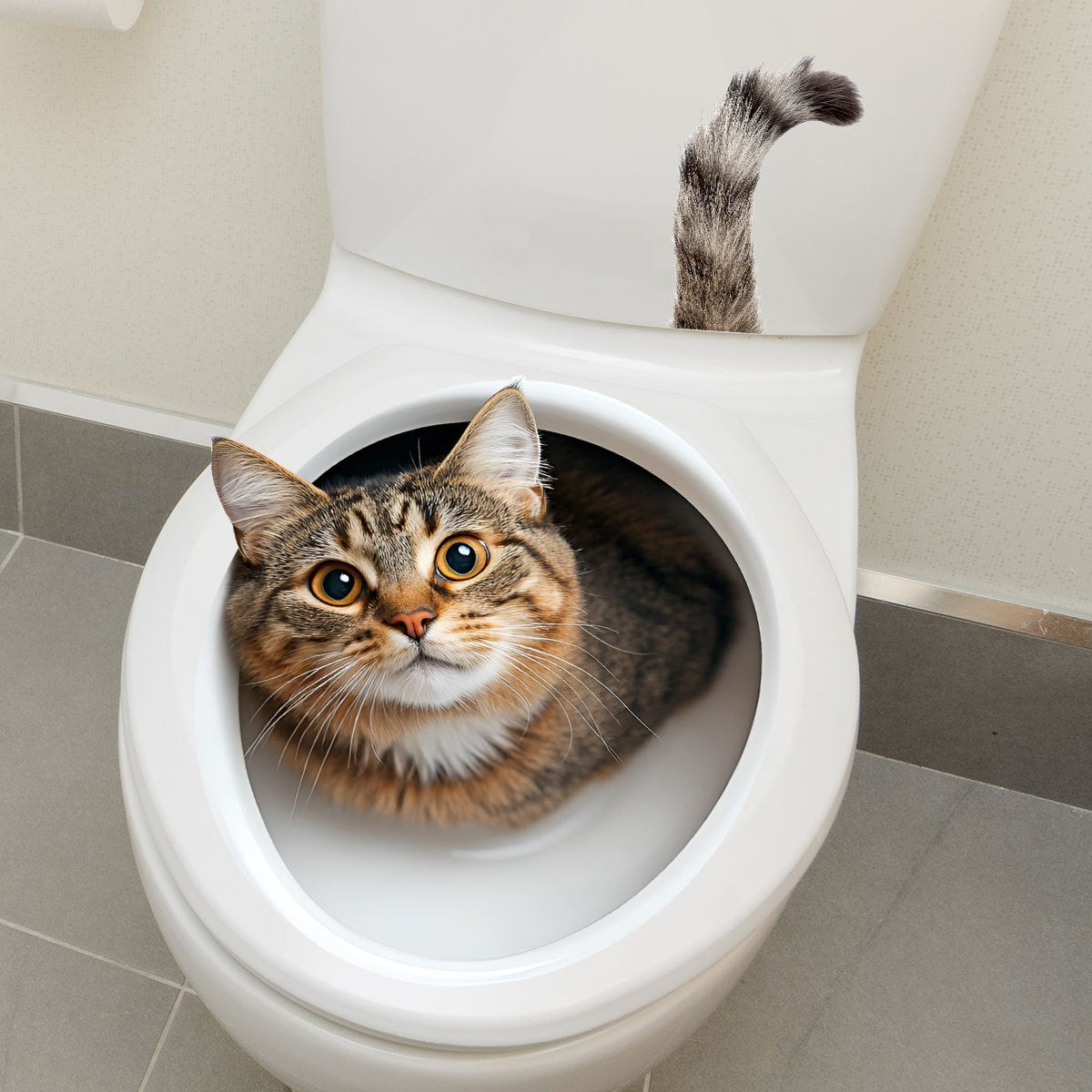 Whimsical Cat in Toilet Self-Adhesive Wall Decal - Playful Bathroom Home Decor, Matte Finish Rectangular Plastic Sticker with Animal Print for Easy Application, Bathroom Decor And Accessories, Humorous Design, Easyinstall Sti