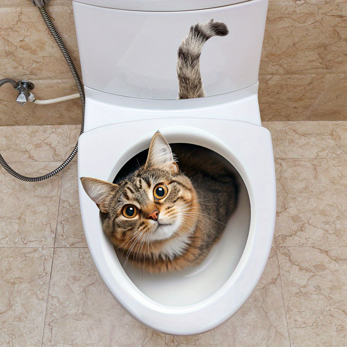Whimsical Cat in Toilet Self-Adhesive Wall Decal - Playful Bathroom Home Decor, Matte Finish Rectangular Plastic Sticker with Animal Print for Easy Application, Bathroom Decor And Accessories, Humorous Design, Easyinstall Sti